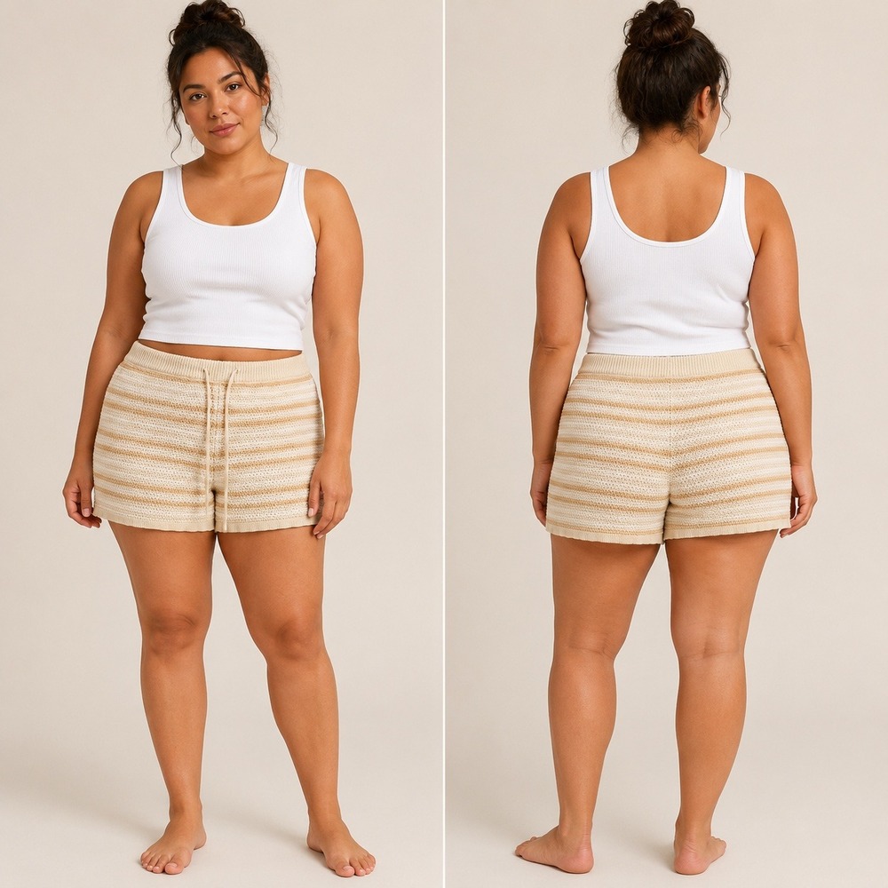Madden NYC Striped Knit Boho Shorts Tan Cream Crochet Drawstring XL